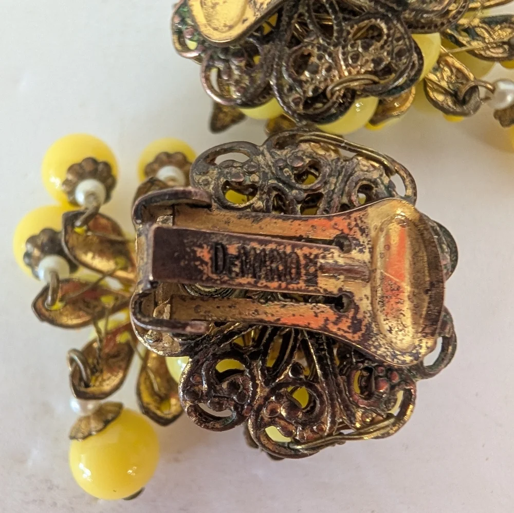 Vintage DeMario Yellow Beaded Clip-On Earrings Signed DeMario N.Y.